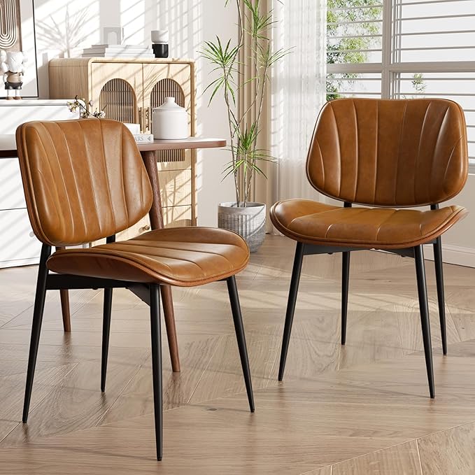 Dining Chairs Set of 4, Mid Century Modern Dining Room Chairs, Upholstered Faux Leather Kitchen Chairs with Walnut Bentwood Back and Metal Legs, Brown