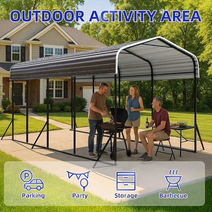12x20 Metal Carport with Base Fixings Heavy Duty Garage Outdoor Chrome Plated Frame and Sheet Metal Construction Suitable for Boats, Cars, Tractors and Agricultural Equipment, Light Gray