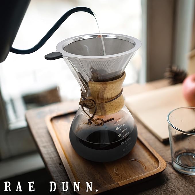 Rae Dunn Glass Pour Over Coffee Maker, 34oz Carafe with Reusable Stainless-Steel Filter and Elegant Bamboo Finish, Great for Brewing Coffee