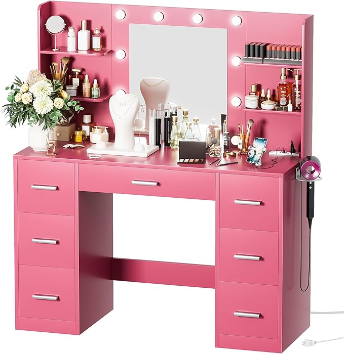 VICTONE Vanity Desk with LED Lighted Mirror&Power Outlet, 3 Model Lights Makeup Vanity Table with 7 Drawers and 6 Storage Shelves for Bedroom and Dressing Room (Dark Pink)