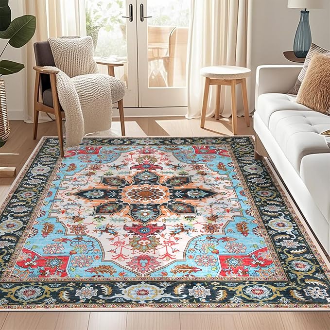 WILLSUN Washable Area Rugs, 6x9 Non-Slip Boho Large Area Rugs for Living Room, Bedroom, Machine Washable Vintage Rug, Indoor Floral Print Carpet for Home Decor, Kid & Pet Friendly Mat