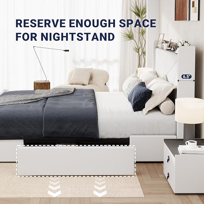 Allewie King Size Velvet Bed Frame with 3 Storage Drawers, Upholstered Platform Bed with Wingback Storage Headboard and USB Ports, No Box Spring Needed, Easy Assembly, White