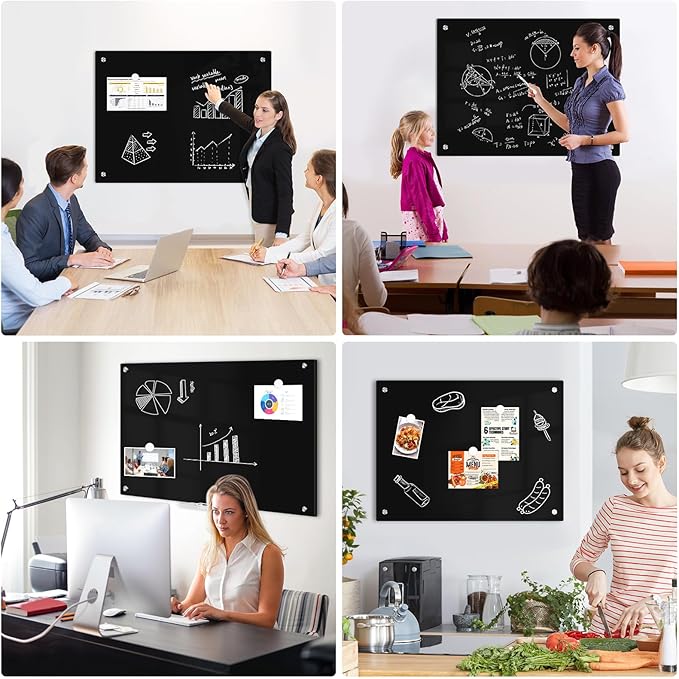 Black Dry Erase Board, 8' x 4' Magnetic Glass Whiteboard for Wall,96" x 48" Large Black Glass Magnetic Board with 1 Marker Tray and 10 Magnets for Office, Home, Classroom