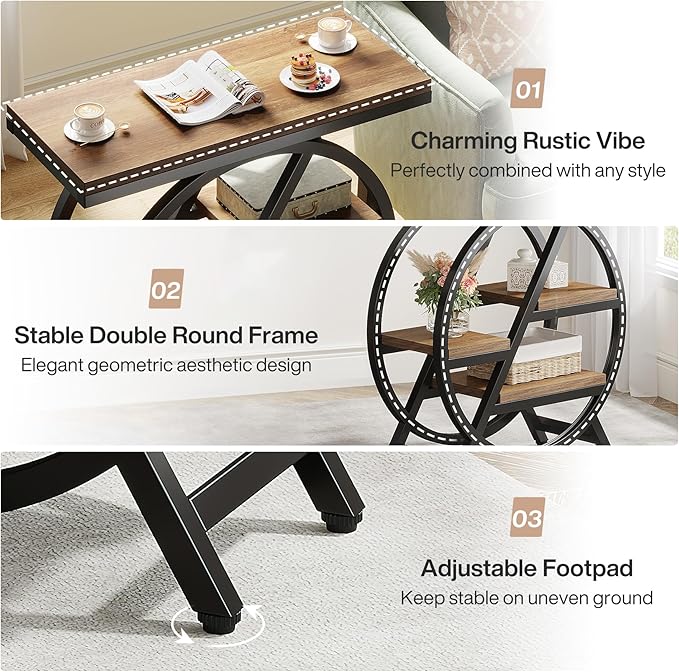 Tribesigns End Table for Living Room, 3-Tier Narrow Side Table with Storage, Wood Sofa Side Table with Geometric Metal Frame, Industrial Nightstand and Bedside Table for Bedroom, Light Brown
