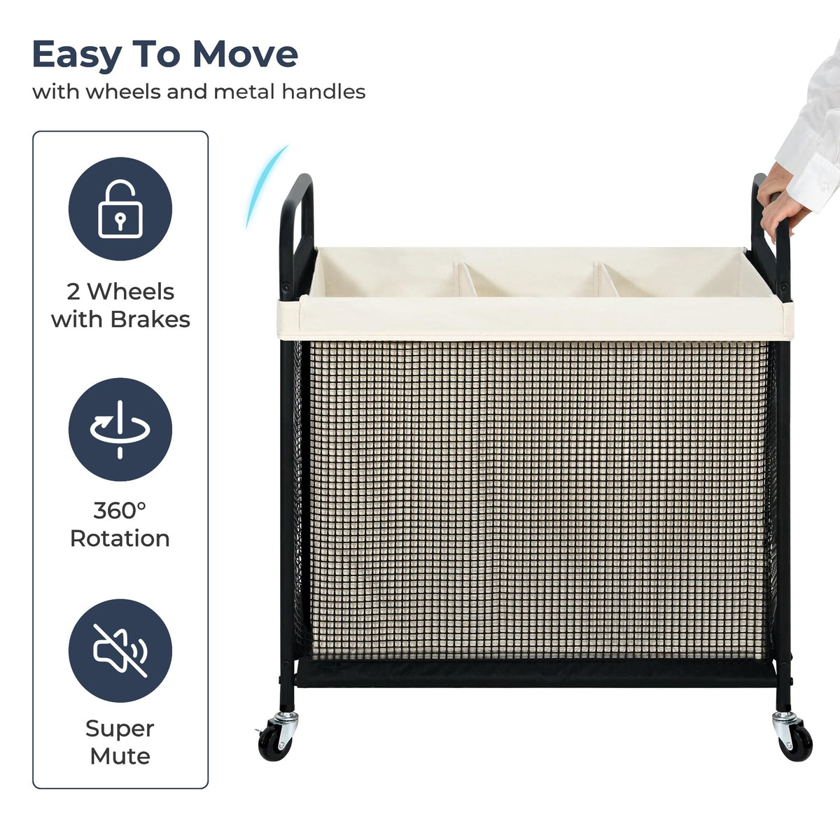 STO STO Laundry Hamper 3 Section, 120L Rolling Laundry Sorter Cart with Removable and Washable Liner Bag, Clothes Hamper with Wheels and Metal Handle for Laundry Room and Bedroom