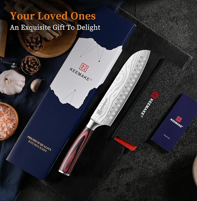 KEEMAKE 7" Santoku Knife, Razor Sharp Chef Knife with Ergonomic Handle