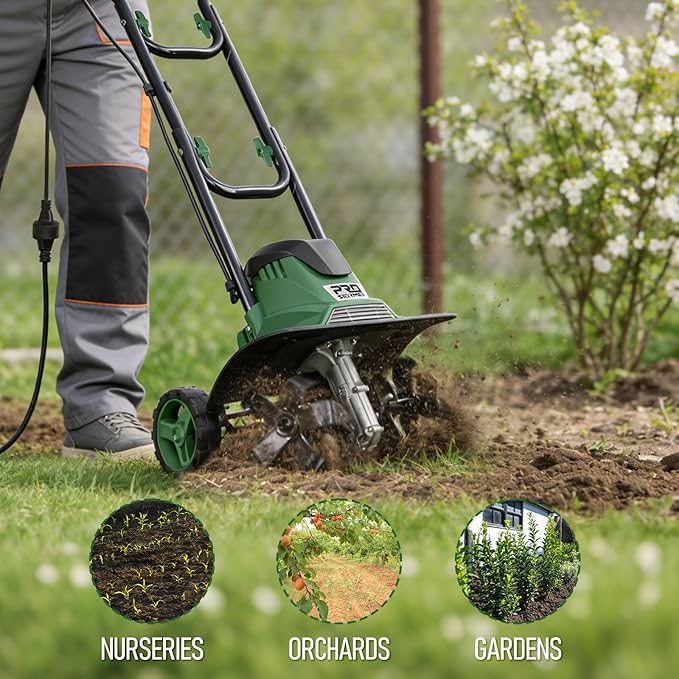 Prostormer 14 Inch Corded Electric Tiller Cultivator, 10Amp Motor with 4 Steel Tines, Corded Garden Tiller for Soil Cultivation, Lawn, and Yard Care