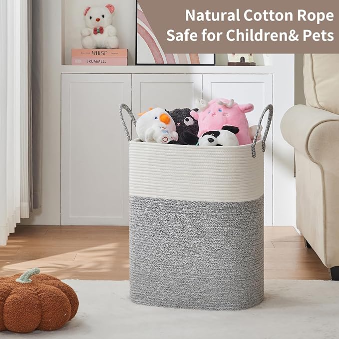 Laundry Basket with Handles - Blanket Basket & Hampers for Bedroom Aesthetic, Laundry Hamper & Blanket Storage for Living Room, Clothes Hamper, Tall, Large 17" x 14" x 24”, White & Grey