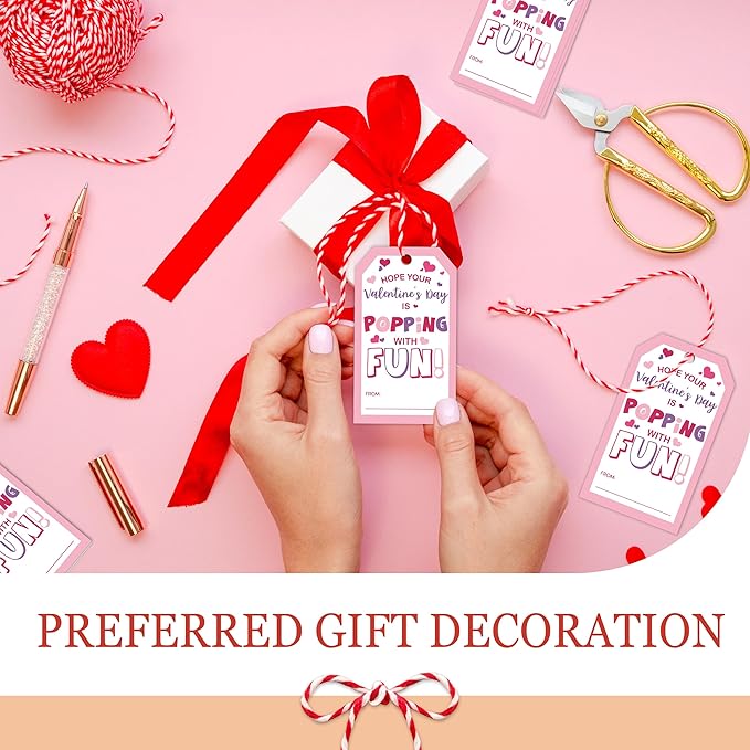 50 Pcs Have A Poppin Valentines Day Sticker Label, Valentine Gift Tags with String, Gift Label Paper Tags Labels Idea Valentines Activity Party Favors-Pink