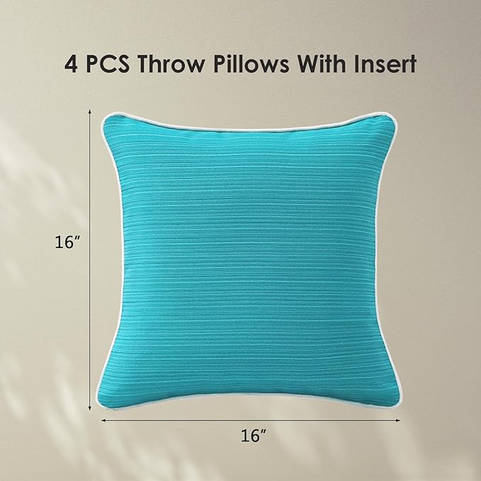 Decorative Outdoor Water Repellent Throw Pillows with Inserts, Set of 4, 16" x16" Pillows for Patio, Backyard, Bed, Couch, and Patio Furniture, Turquoise