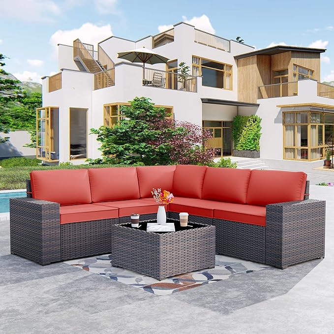 Kurapika 9 Pieces Patio Furniture Set, Rattan Wicker Sofa Set, Outdoor Conversation Sets w/Swivel Rocking Chairs Patio Sectional Sofa w/4 Inch Cushion, Red