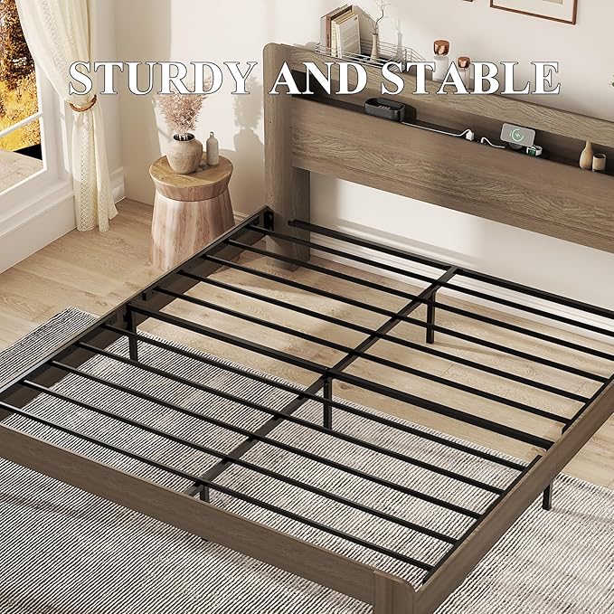 Wooden Bed Frame King Size with Storage Headboard - Farmhouse Platform Bed Frame with Bookcase Shelf & Led Lights, Sturdy Wood Slat Framework Bed Frame (Light Brown LED)
