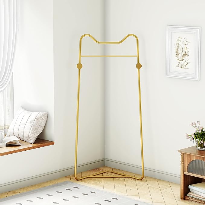 Gold Metal Corner Coat Rack, Modern Clothing Rack Hall Tree with 2 Hooks for Clothes Hat Scarf, Freestanding Clothes Rack for Hallway Entryway, Bedroom, Living Room
