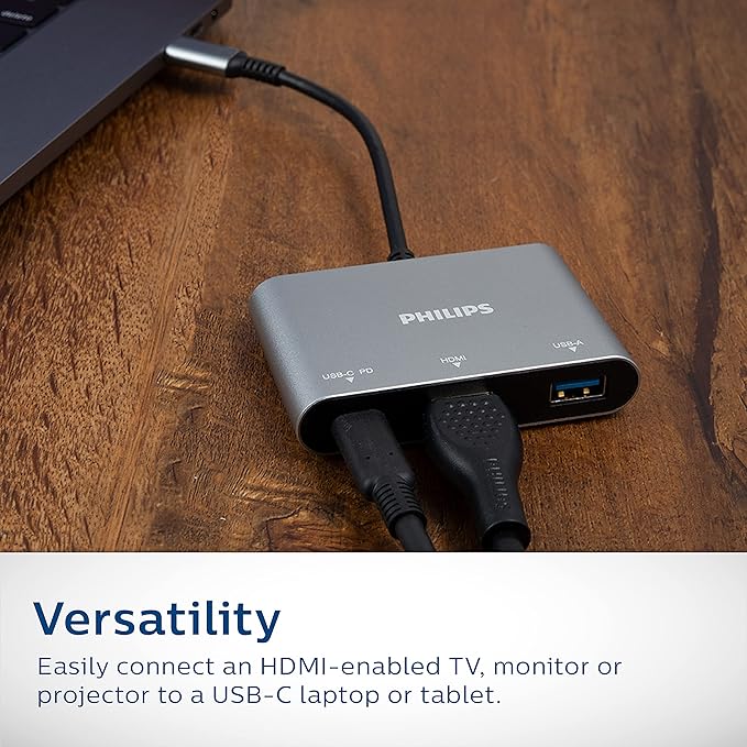 Philips USB C Hub to Multiport Adapter, 3 in 1 Power Pass Through, HDMI 4k@30Hz, 60W USB C Charging Port, 5Gbps USB 3.0 Port for MacBook Pro, MacBook Air, UCB C Laptop Docking Station, DLK9220C/27