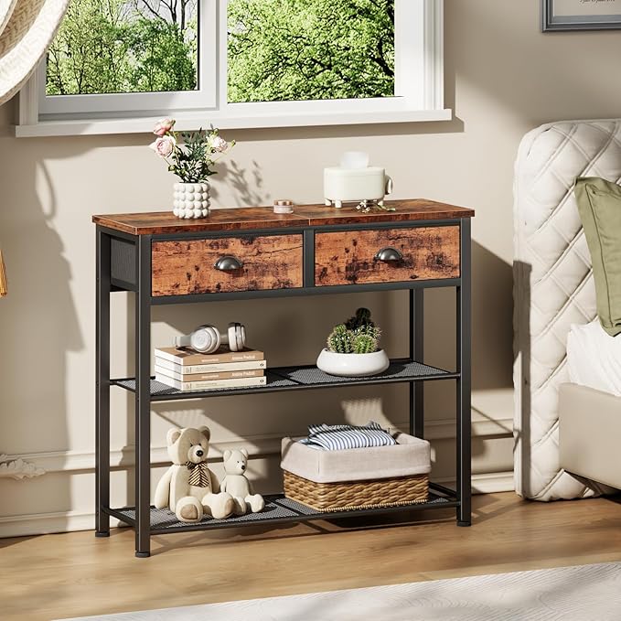 Furologee Console Sofa Table with Storage Shelf for Entry Way, Small 30'' Entryway Table with 2 Fabric Drawers, Industrial Display Shelves for Hallway, Entrance, Foyer, Rustic Brown
