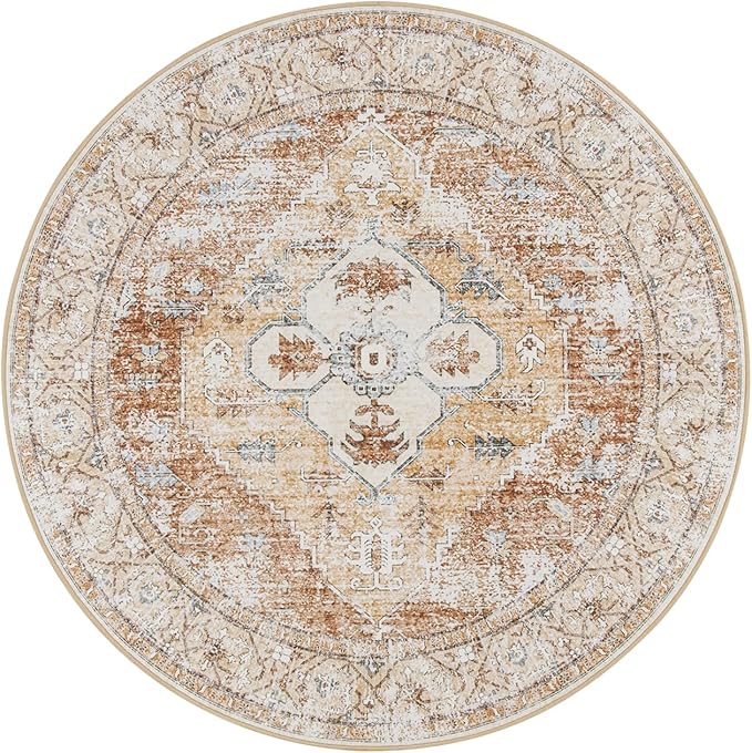 Lahome Boho Round Rugs - 4Ft Washable Non-Slip Small Round Area Rug Throw Lightweight Round Nursery Carpet Kids,Oriental Distressed Print Kitchen Mat for Bedroom Entryway Bathroom Living Room