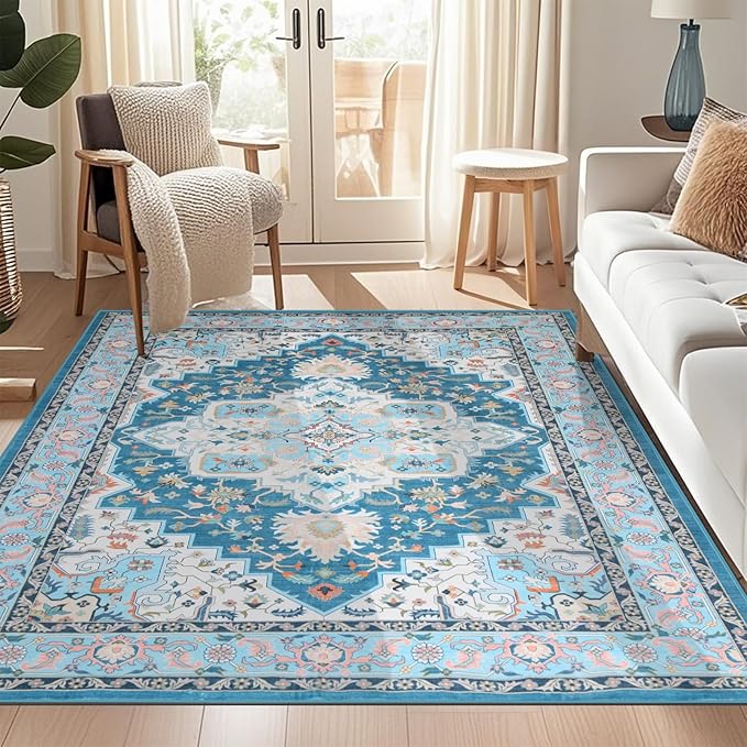 WILLSUN Washable Area Rugs, 6x9 Non-Slip Boho Large Area Rugs for Living Room, Bedroom, Machine Washable Vintage Rug, Indoor Floral Print Carpet for Home Decor, Kid & Pet Friendly Mat