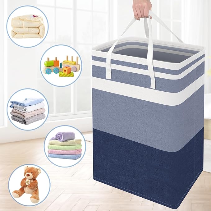 BlissTotes 3-Pack Laundry Basket, Freestanding&Waterproof Laundry Hamper, Collapsible Tall Clothes Hamper with Easy Carry Handles for Clothes, Towels in the Family and Dorm,Gradient Blue,125L