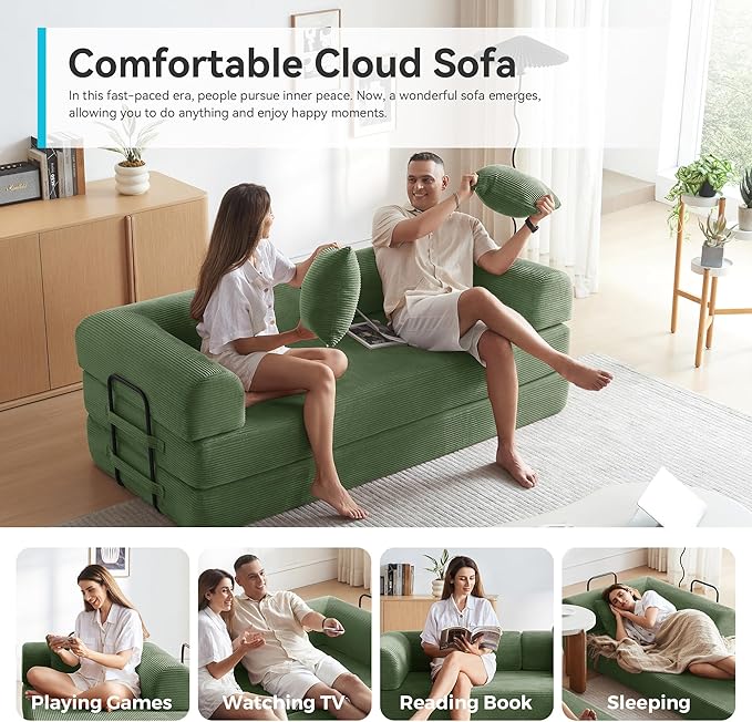 Convertible Floor Sofa Bed with Fixed-Shape Frame, King Size Floor Sleeper 5-in-1 DIY Combination Modular Sofa, Modular Chenille Folding Mattress Couch for Living Room Bedroom Playroom (Green)