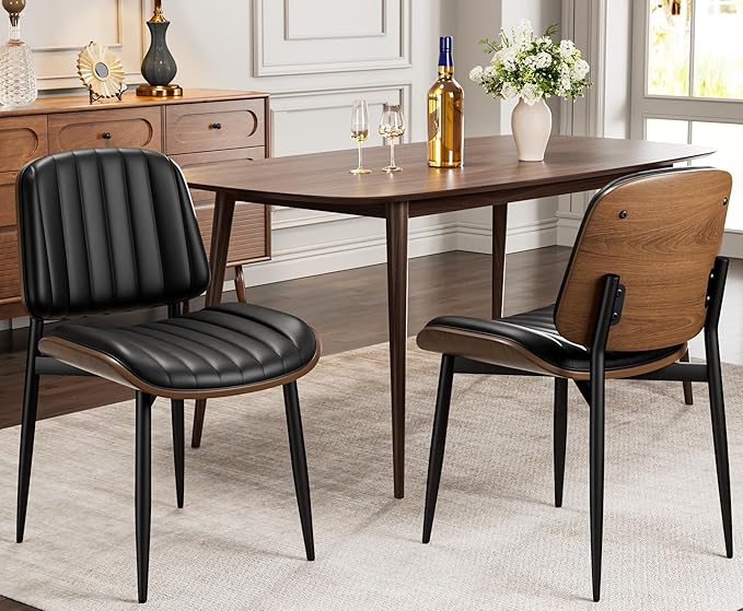 Dining Chairs Set of 6, Mid-Century Modern Upholstered PU Leather Chairs with Walnut Bentwood Back and Metal Legs Adjustable Feet for Kitchen Dining Living Room, Dark Black Vertical Stripes