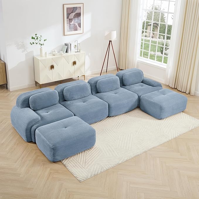 Blue Ottoman for Modular Sectional Sofa, Corduroy Deep Seat for Oversized Compressed Boneless Sectional Couches for Living Room Bedroom Apartment, Cloud Sofa Couch, Memory Foam, No Assembly