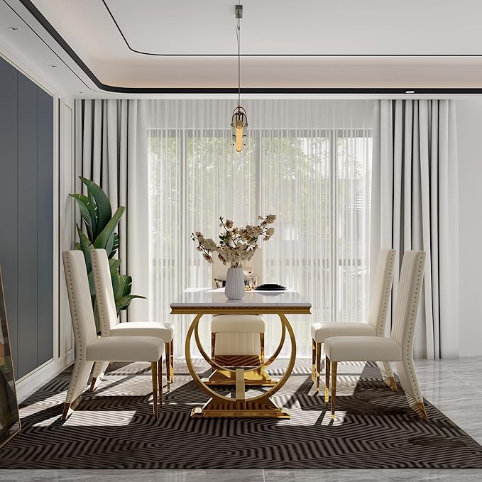 White and Gold Dining Chairs Set of 2, Glam White Leather Dining Chair with Nailhead Trims, High Back Dining Room Chairs