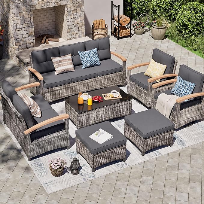 MEISSALIVVE Patio Furniture Sets, 7 Pieces Outdoor Rattan Furniture Conversation Sets with 2 Wood Armrests Swivel Rocker Chairs, 2 Ottoman, 3-Seat Sofa, 2-Seat Sofa and Coffee Table(Grey)