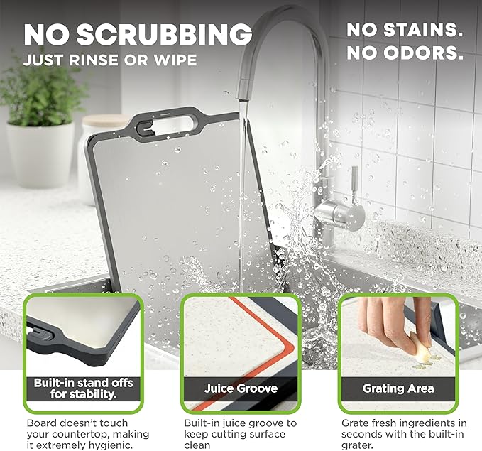 Non-toxicTitanium Cutting Board with Stand, Knife Sharpener, Grater & Storage Bag | Titanium + Wheatstraw PP Chopping Board | Healthy Kitchen Accessory for Meat, Vegetables & Fruit