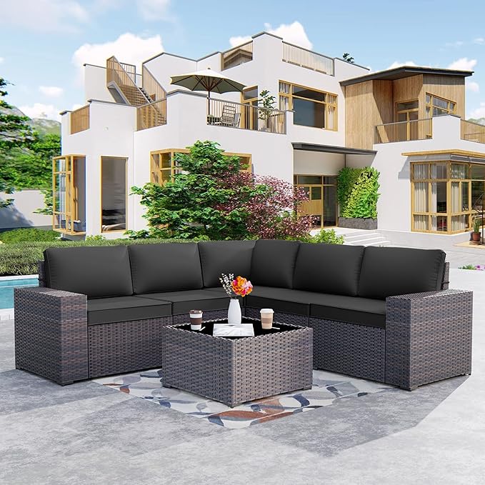 Kurapika 6 Pieces Patio Furniture Set, Rattan Wicker Outdoor Conversation Sets w/4 Inch Cushion and Glass Coffee Table(Black)