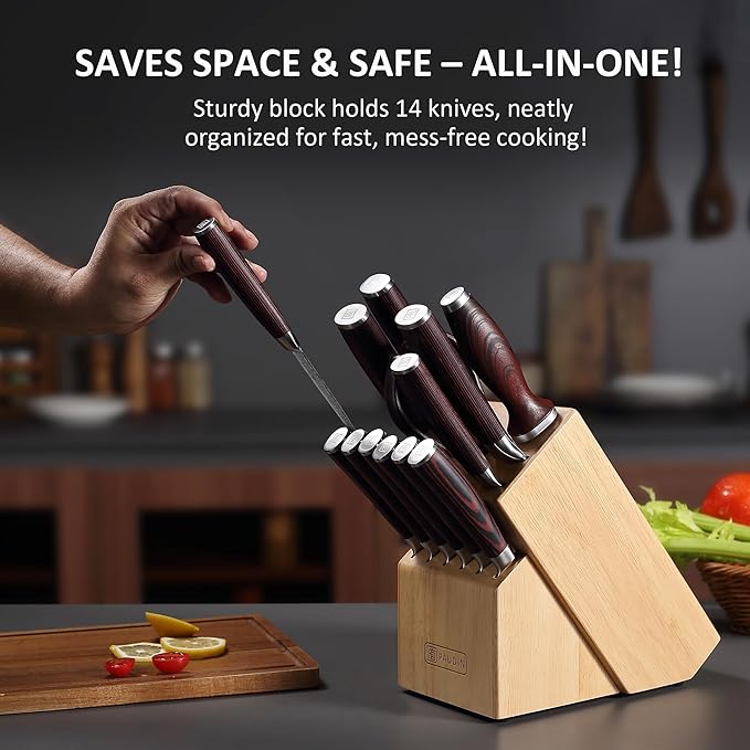 PAUDIN Kitchen Knife Set with Block, 14 Pieces Knife Sets for Kitchen with Block, High Carbon German Stainless Steel Sharp Chef Knife Set with Ergonomic Pakkawood Handle