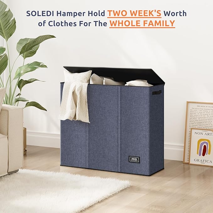 SOLEDI 180L 3-Section Laundry Hamper with Lid, Extra Large Dirty Clothes Basket with Sturdy Handles for Laundry Room & Bedroom - Durable Organizer for Sorting Laundry