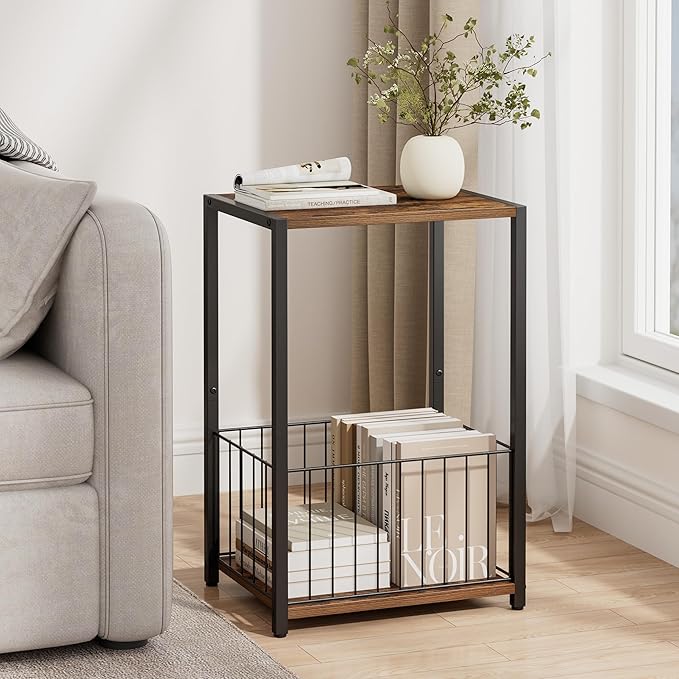 Side Table with Magazine Holder, Record Player Stand with LP Shelf, End Table for Living Room, Bedroom, or Bedside, Easy Assembly, 11" D x 16.9" W x 23.6" H, Rustic Brown