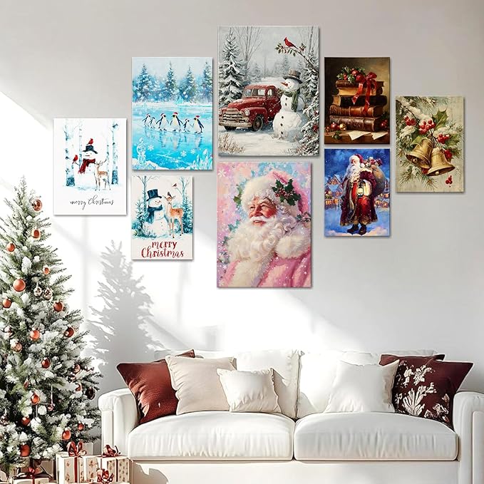 Vintage Pink Santa Claus Girl Christmas Canvas Wall Art - Whimsical Framed Print for Bedroom & Living Room, Unique Christmas Gifts, Playful Christmas Decorations & Pink Winter Decor