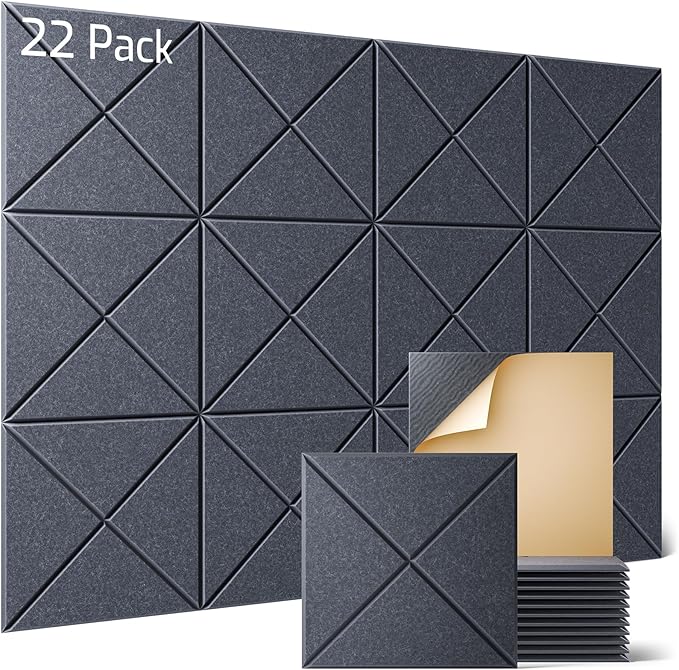 Sonicism 22 Pack X-Lined Acoustic Panels with Self-Adhesive, 12"X 12"X 0.4" Sound Proof Foam Panels, Decorative Soundproof Wall Panels, Sound Absorbing Tile for Home & Offices, Moonlight Gray
