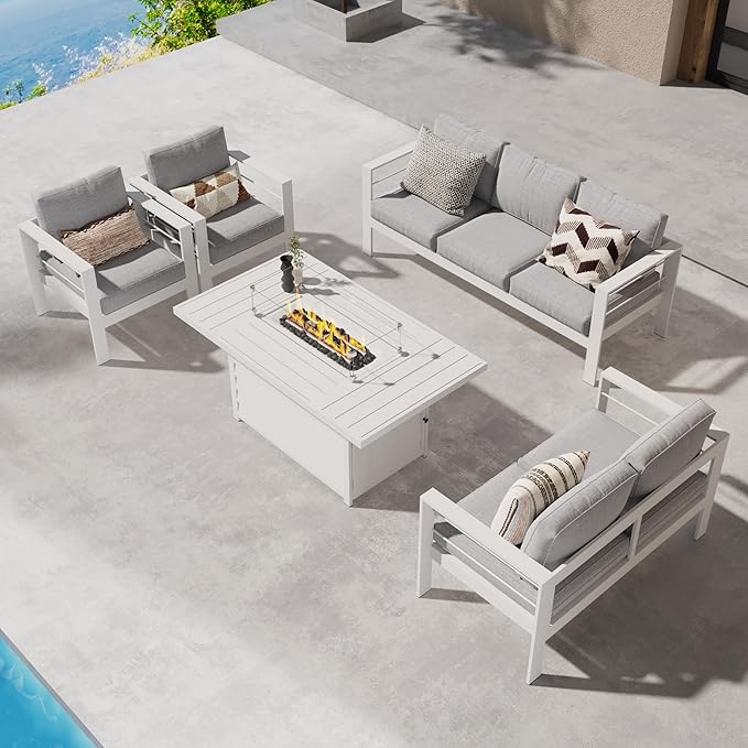 Wisteria Lane Aluminum Patio Furniture Set, 7 Seats Metal Outdoor Furniture Set with CSA Certified 54in Propane Gas Fire Pit Table, Patio Conversation Set with 5in Olefin Cover Cushions (White)