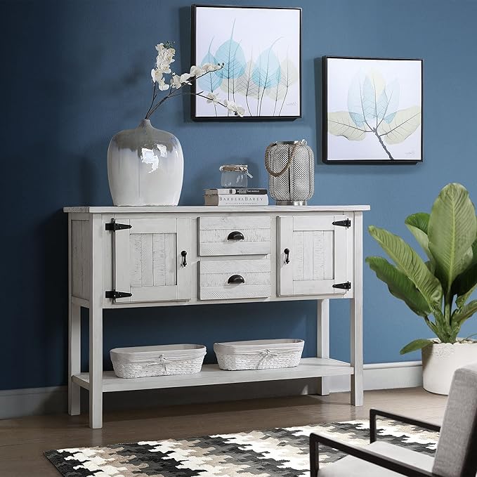 LKTART Solid Wood Farmhouse Console Table,Sofa Table with Storage Drawers and Shelves,Entryway Table for Entry Hallway Foyer Sofa Side Table,Easy Assembled (48" Antique White)