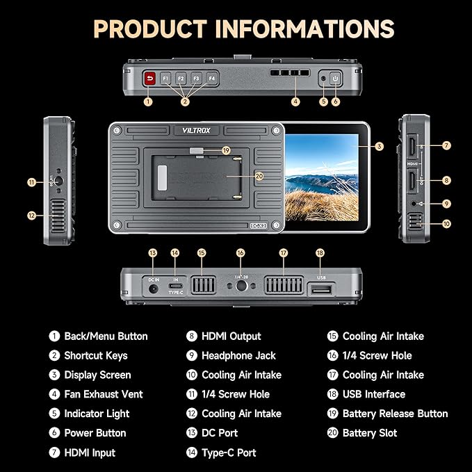 VILTROX DC-X2 Touchscreen Camera Field Monitor, 2000 Nits 6 inch On Camera Monitor 4K HDMI in/Out 3D Lut Full Waveform 1920X1080 HD Focus Peaking Assist Video Field Monitor with Sunshade Hood Battery