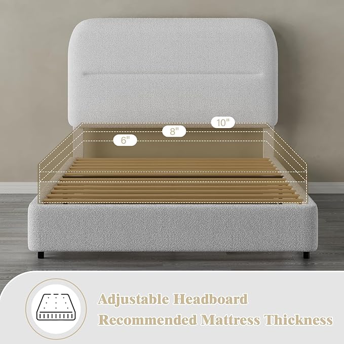 HOMBCK Twin Bed Frames with Headboard, Boucle Upholstered Platform Bed Twin Size for Kids, Rounded Corners & Thickened Footboard, No Box Spring Needed/Easy Assembly, White