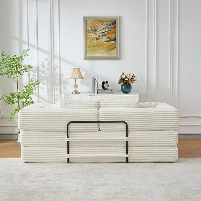 Antetek Convertible Sofa Bed, Comfy Corduroy Fluffy Love seat Sleeper Sofa, 5 in 1 Folding Couch Bed, Fold Out Floor Couch with Pillows for Bedroom, Living Room, Office, Wide Stripes, Beige