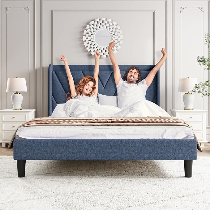 koorlian Queen Bed Frame with Headboard, Adjustable Upholstered Platform Bed Frame with Type-C&USB Ports, Wingback Storage Headboard, Solid Wood Slats Support, No Box Spring Needed, Dark Blue