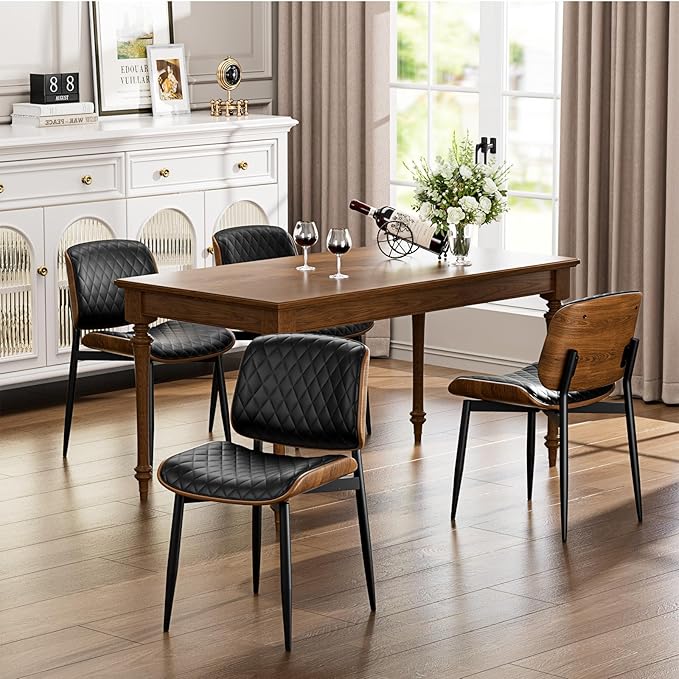 Dining Chairs Set of 6, FSC Certified Mid Century Modern Accent Dining Room and Kitchen Chairs, Upholstered PU Leather Diamond Check Chairs with Walnut Bentwood and Metal Legs, Black