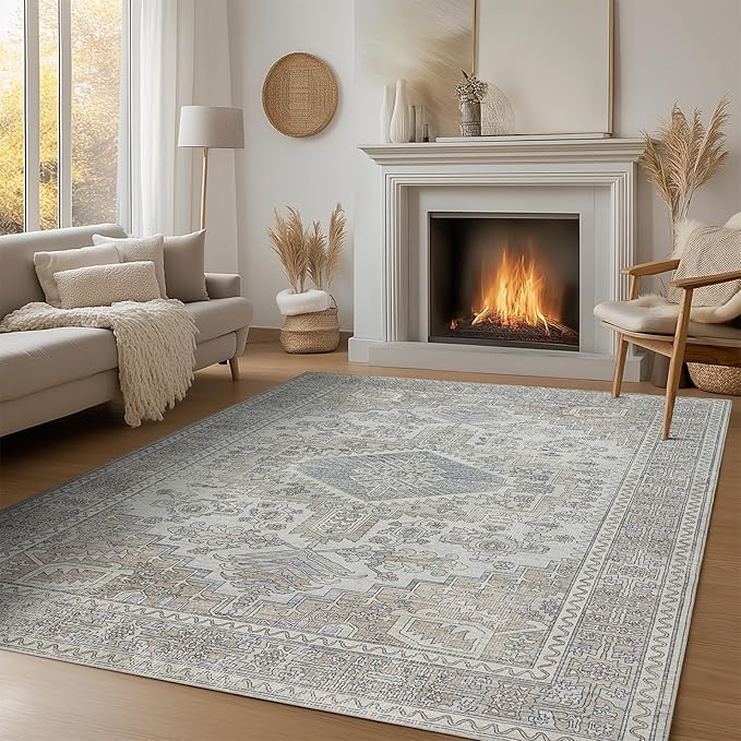 Machine Washable Rugs 6x9 Area Rugs for Living Room,Ultra Soft Low Pile Retro Rugs for Bedroom,Dining Room,Large Non Slip Carpet Vintage Distressed Accent Rug for Farmhouse Office Home Decor