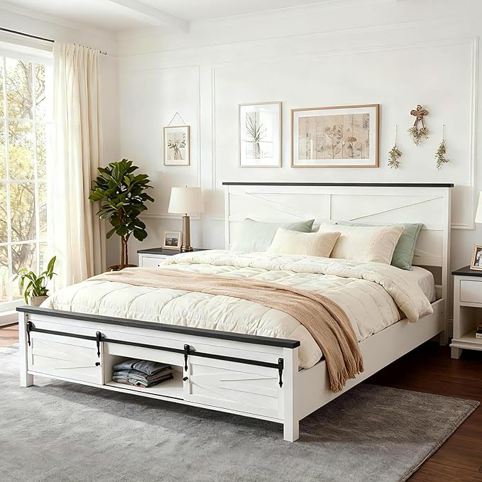 JXQTLINGMU Farmhouse King Size Bed Frame with 47" Tall Headboard, Wood King Bed Frame with Storage Cabinet, Solid Wood Slats Support, Noiseless, No Box Spring Needed (Antique White)