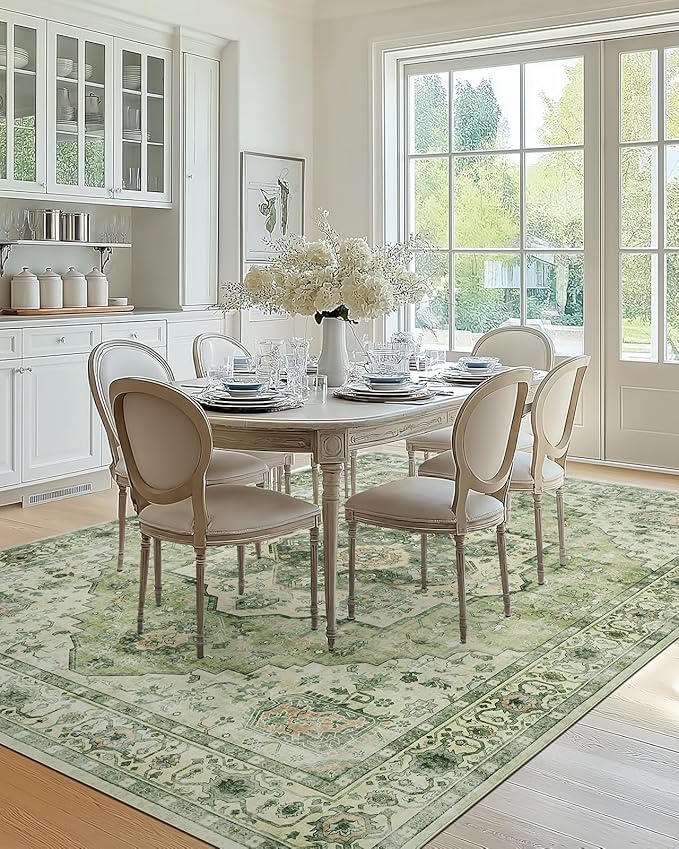AMADA HOMEFURNISHING 8x10 Area Rug, Washable Low-Profile Large Area Rug with Non-Slip Backing & Durable Edge Binding, Vintage Large Rugs for Living Room, Bedroom