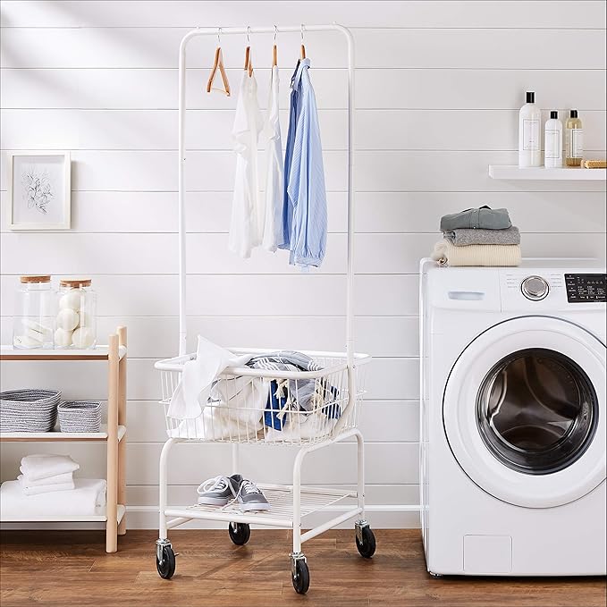 Amazon Basics Rectangular Laundry Hamper Basket Butler Cart with Wheels and Hanging Rack, Sturdy Metal, 71.1 inches Height, White