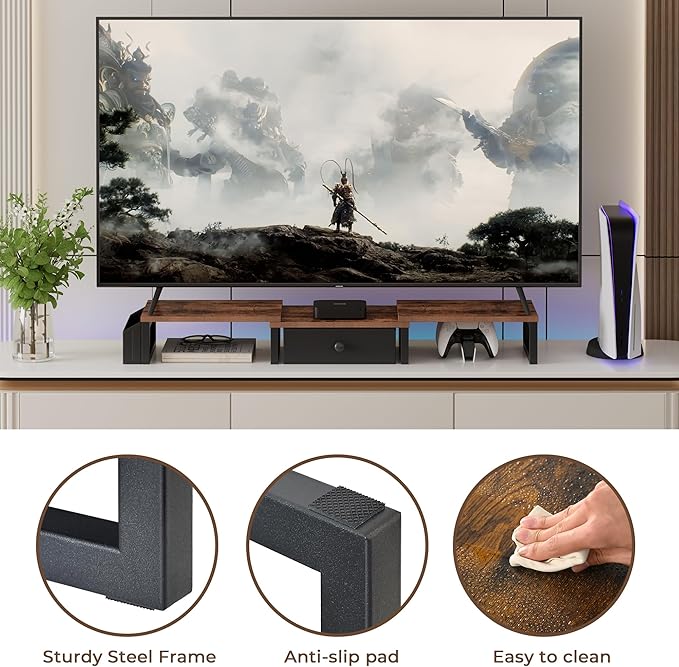 LAND·VOI Heavy Duty Dual Monitor Stand, Holds 2 Screens Up to 27 Inches, Adjustable Length and Angle Monitor Riser, Desk Organizer with Side Pockets and Drawers, Home Office Desk Storage, Rustic Brown