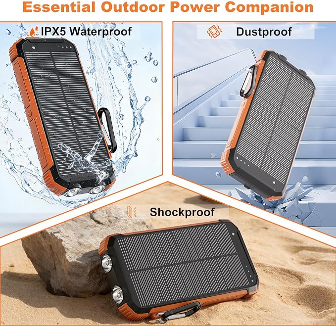 Solar Charger Power Bank 20000mAh Wireless Fast Charging Battery Pack with 3 Built-in Cables & USB-C Input Dual LED Flashlights Portable Phone Charger for Camping Travel & Emergency Use (B