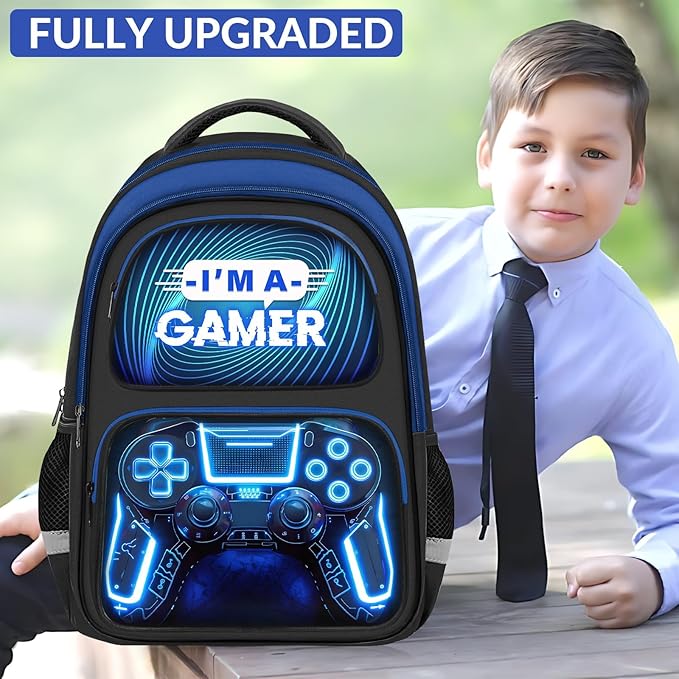 School Backpack for Boys - Gamer Boys Backpack for Kids Children Teens Elementary Middle School - 17″ Video Game Bookbag Travel Back Pack for Age 6-18