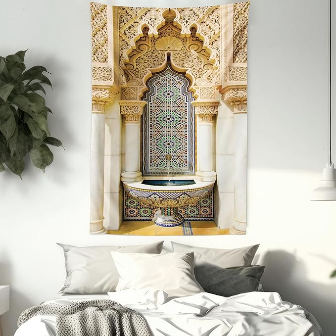 Ambesonne Moroccan Tapestry Queen Size, Vintage Building Design Art Historic Exterior Facade with Mosaic Print, Wall Hanging Bedspread Bed Cover Wall Decor, 88" X 88", Ivory Pale Brown Blue