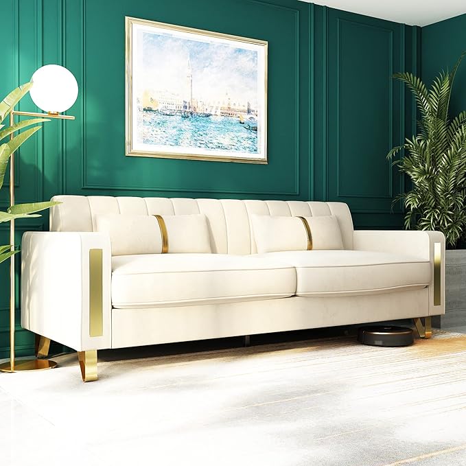 Couch 85.62" 3 Seats Sectional Velvet Fabric Sofa Easy Assemble Sofa Bed with 2 Couch Pillows,Gold Metal Legs for Living Room (P17, Beige)